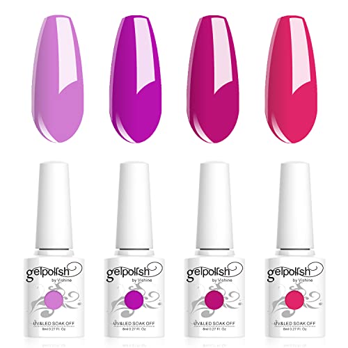 Vishine Smalto Gel Semipermanente, Set di 4 Colori Viola, Rosa, Viola, Fucsia Collezione Nail Art Gel UV LED per Manicure 8ml C027