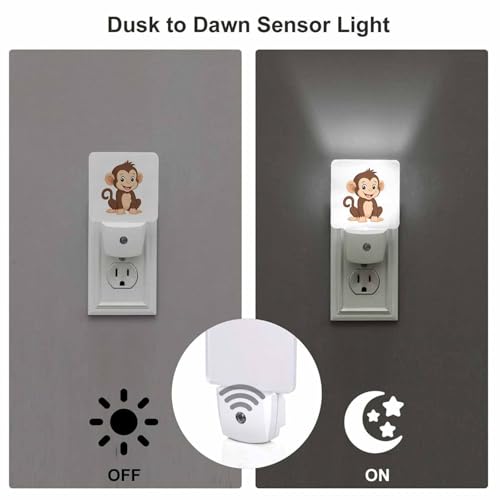 Image of LED Night Light,Cute Cartoon Brown Smiling Monkey LED Night Light Plug into Wall with Dusk to Dawn Light Sensor White Energy Efficient Nightlight for Bedroom Bathroom Hallway Living Room Kitchen