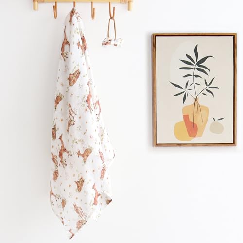 Image of LifeTree Baby Muslin Swaddle Blankets for Boys & Girls, Newborn Swaddle Set with Matching Headband Bow, Infant Blanket Wrap, 47 x 47 inches, Deer, 70% Viscose from Bamboo and 30% Cotton