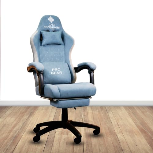 Image of Casa Copenhagen Designed in Denmark, High-Back Fabric Gaming Ergonomic Chair with Electric Back Massager, Luxurious Memory Foam Seating & Multi Function Arm-Rest - Denim Blue & Grey
