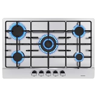 Piano Cottura a Gas 5 Fuochi Inox, Piano Cottura da Incasso 76 cm, 10500 W, Slim Profile, Protezione Flame-Out, Gas Naturale/Propano/Butano, 76x50x4.5 cm
