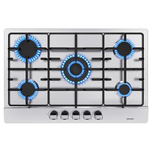 WEHIMO Plaque de Cuisson Gaz 5 Feuxs, Plaque Gaz 5 Feuxs Inox, Cuisinière à Gazs 5 Brûleurs Encastrable, Grille Fonte, 10500W, Gazs Ville et Bouteille
