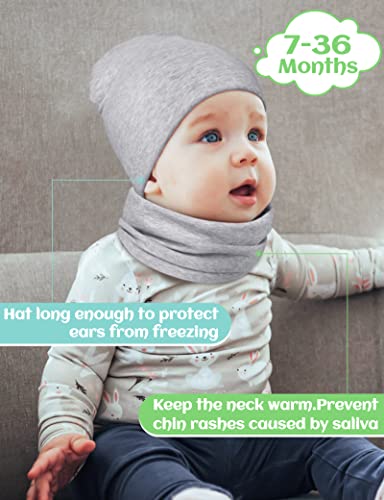 Kiiwah Kinder Beanie Mütze und Loop Schal Set, Weiche Baumwolle Warme Strickmützen und Schals für Baby Herbst Winter Frühling(Grau)