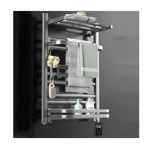 Toallero calefactable Gris de 60 A, línea Derecha, para secar Toallas, Albornoces y Mantas, de Pared para baño, con Temporizador y Estante Superior.