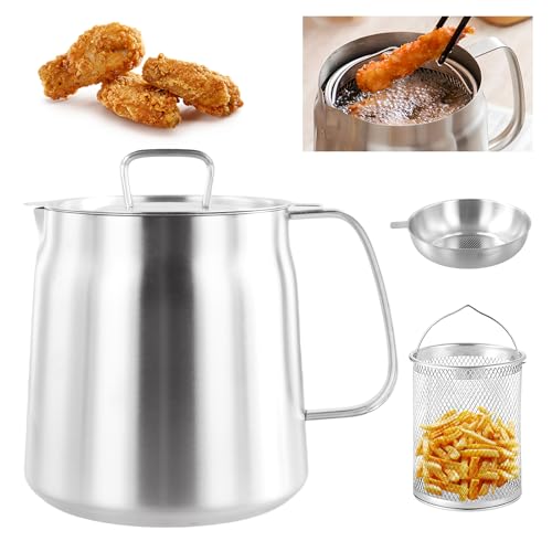 Focenat 2L Fettbehälter Rostfreier Stahl Speckfett, Frittiertopf aus Edelstahl, Fritteusentopf mit Feinmaschfilter und Frittenkorb, Ölbehälter, zur Aufbewahrung von Frittieröl und Speisefett