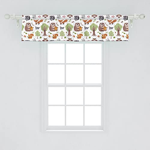 Ambesonne Forest Window Valance, Doodle Woodland Creatures As Honey Bear Rabbit Fox And Raccoon In Nature Habitat, Curtain Valance For Kitchen Bedroom Decor With Rod Pocket, 54" X 12", Coffee Brown #TOP1