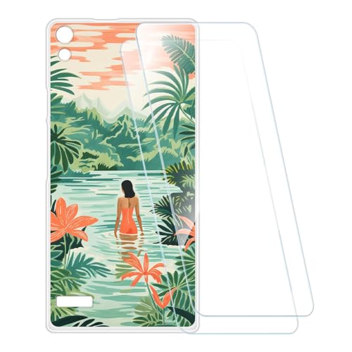 ESCAMOT Bedruckte Hülle + 2 Glas Schutzfolie Kompatibel mit Huawei Ascend P6, Stoßfeste Weiche Cover & HD Klare Tempered Glass Folie (Schwimmende)