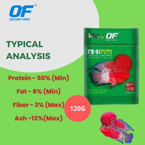 Image of VAYINATO Ocean Free FH-G1 Pro Head Flowerhorn Fish Food Pellets 120g | Natural Nuchal Hump Enhancer | High Protein Hormone-Free Formula | Premium Food for Flowerhorn Fish