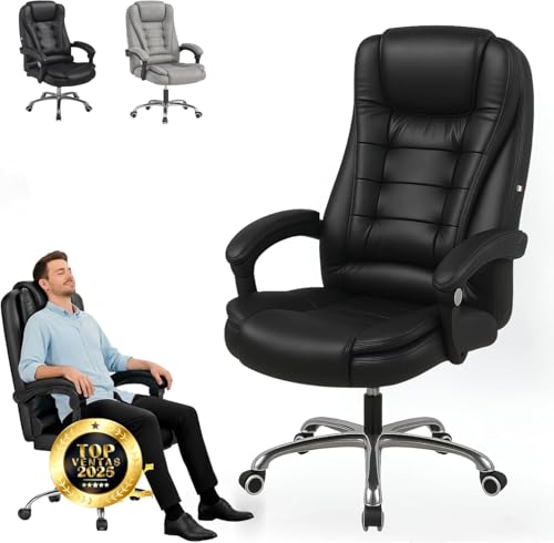 EveryKip Silla de Oficina Profesional con Respaldo Alto Negro – Sillón Acolchado y Reclinable, Cojín Lumbar, Altura Ajustable y Ruedas Silenciosas para Estudiar o Trabajar en Oficina y Casa Escritorio