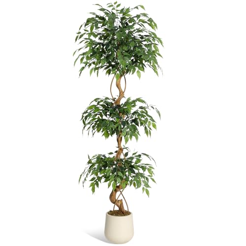 6 ft Artificial Ficus Tree with Curved Trunks, 3-Tier Fake Plant Faux Silk Trees with White Planter, Lush Faux Ficus Tree for Indoor Home Decor, Green