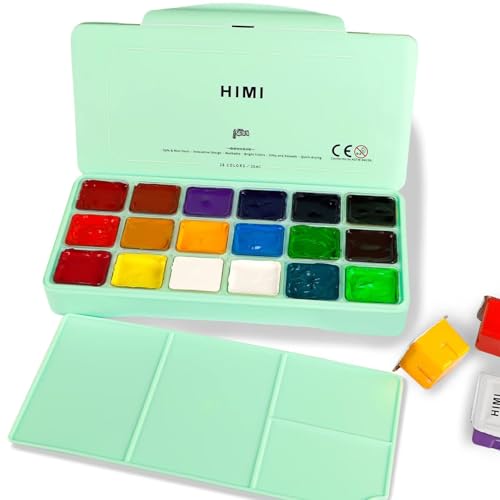 HIMI Gouache Paint Set 18 Colors x 30ml Premium Jelly Cup Design Comes with 3 Paint Brushes & Palette Easy to Carry Suitable for Students Children Beginners Artists (Green Box）