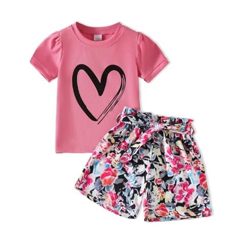 HSOXLQF Kids Girl Clothes Heart Print Short Sleeve Top and Floral Shorts Cute Girl Summer Outfits Short Set(6-7T) Cover