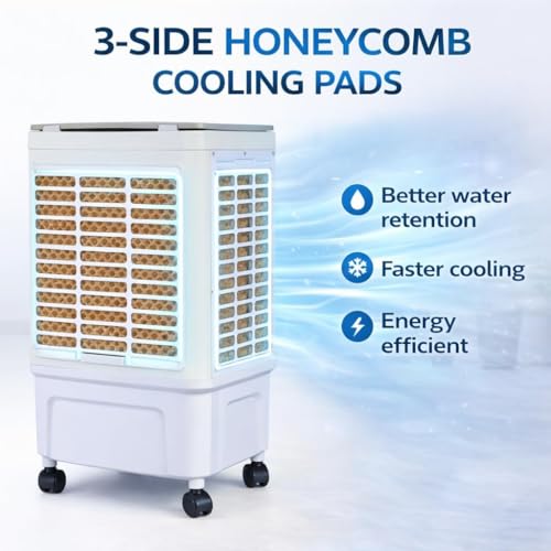 Image of ROCKSUN Beetle Desert Air Cooler for Room | 40L (30 Tank+10 Ice Chamber) | 12-Inch Powerful Fan | 3-Side Honeycomb Pads | Ice Chamber | Inverter Compatible | Swing Function | Portable