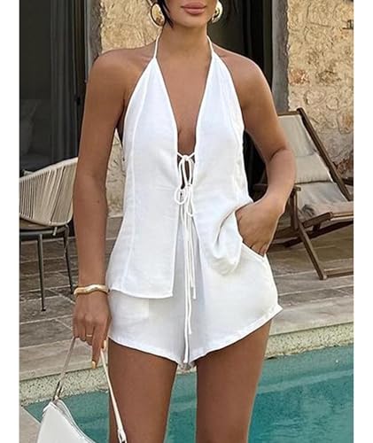 xxxiticat Women's Two Piece Shorts Set Sleeveless Halter Front Tie Up Vest Top Casual Beach White Resort Matching Lounge Suit3