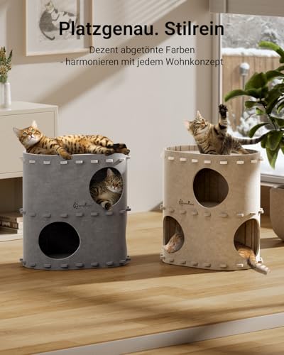 DownyPaws Katzenhöhle aus Filz, 2-stöckige Katzenbett, 50 x 33 x 50 cm Schloss Katzenhaus zum Spielen, Warmes Design, Schutz der Katzennägel, Grau