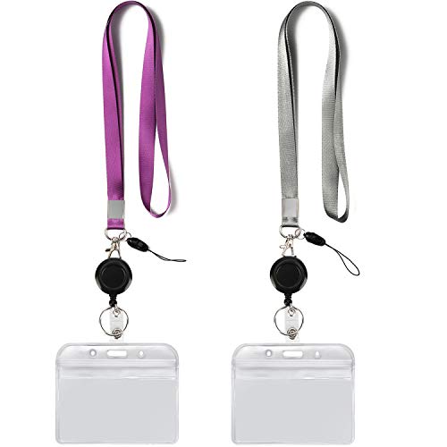2Pack Lanyards,Horizontal ID Badge Holders, Retractable Reel,Purple,Grey