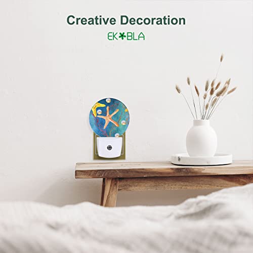 Image of EKOBLA Seashell Pearl and Starfish Night Light, Summer Teal Blue Night Lights Plug Into Wall with Dusk to Dawn Light Sensors, Coastal Nightlights for Bedroom, Bathroom