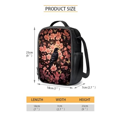 Xoenoiee Crow Peony Floral Pink Pattern 17" Backpack Set with Lunch Bag, Pen Case, and Water Bottle Carrier Kids Students School Bag 4Pcs Sets for Boys Girls4