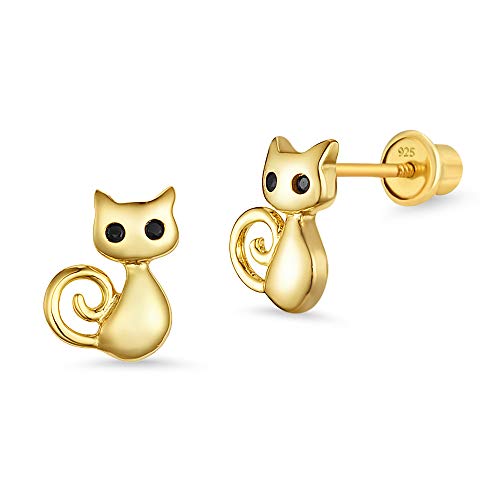 14k Gold Plated Brass Cat Cubic Zirconia Screwback Baby Girls Earrings with Sterling Silver Post