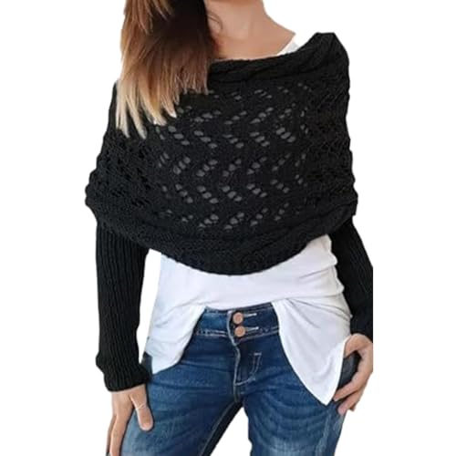 SVCEQZE Chal envolvente de 260 x 37 cm, bufanda de punto con mangas, bufanda de punto multifuncional, bufanda de punto bohemia, capa de ganchillo de manga larga, accesorios para mujer, Negro, Refer to