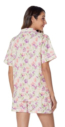 Image of LUBOT 100% Cotton Women's Pajamas Set Button-Down Two-piece PJ Set Short Sleeve Printed Patterned Summer Sleepwear Loungewear (Purple Floral, 2XL)