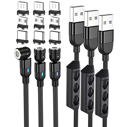 Câble Magnétique,3.0A Câble de Chargeur Magnétique Charge Rapide et Synchro Données Power [3pcs 1 m / 1 m / 2 m] 360 ° et 180 ° USB C Câble,Noir Cover