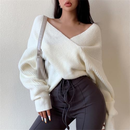 Women White V-Neck Knitted Sweater Long Sleeve Sexy Pullover Jumper Knit Tops4