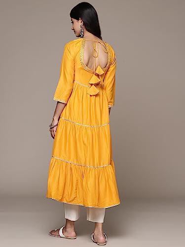 Image of ishin Women's Silk Embellished Yellow Anarkali Kurta