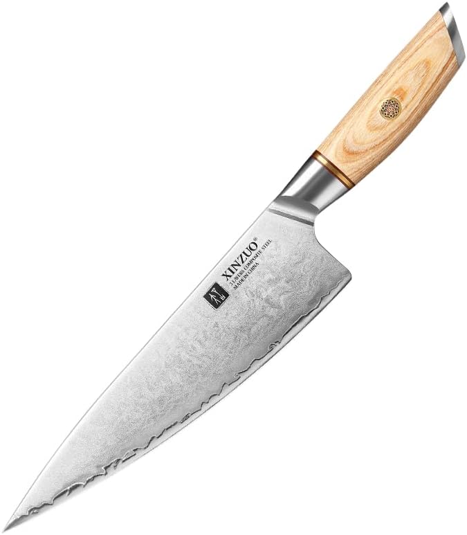 XINZUO 8.5″ Chef Knife, 3 Layers Composite Steel, Pakka Wood Handle+ Copper Flower Rivets (B37S-CS)