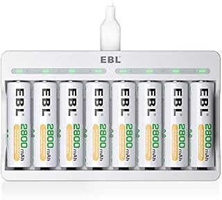 EBL Ładowarka do akumulatorów z 8 bateriami AA 2800 mAh, szybka ładowarka do akumulatorów 8 x NiMH AA/AAA, do wielokrotnego ładowania i urządzeń USB, do zastosowania na całym świecie, 8 przegródek do