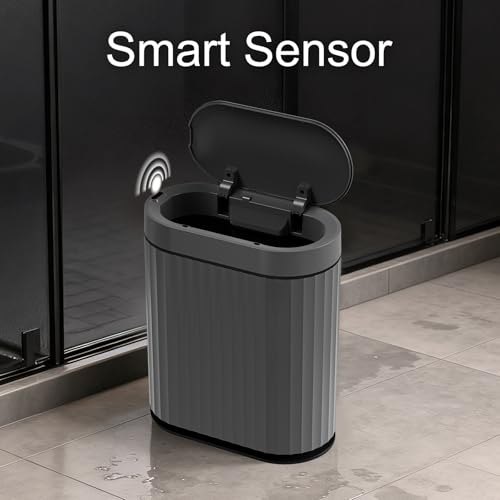 Image of ELPHECO Bathroom Motion Sensor Trash can, 2 Gallon Automatic Garbage Can, Slim Plastic Smart Trash Can with Lid, Commercial Intelligent Trash Bin for Bedroom, Bathroom, Office, Cement Grey Black