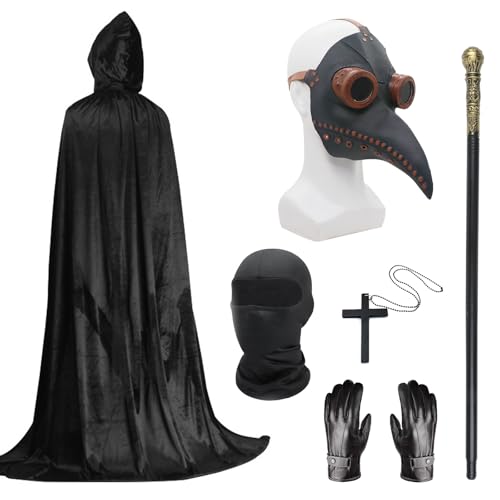 Conjunto de fantasia de médico de peste, máscara de Halloween de comprido e nariz preto com capa com capuz preto, colar cruzado, luvas e bengala, máscara de rosto completa para festa de Halloween