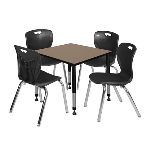 Regency Kee 30 in. Square Adjustable Classroom Table- Noble Oak Top, Black Base & 4 Andy 18 in. Black Stack Chairs