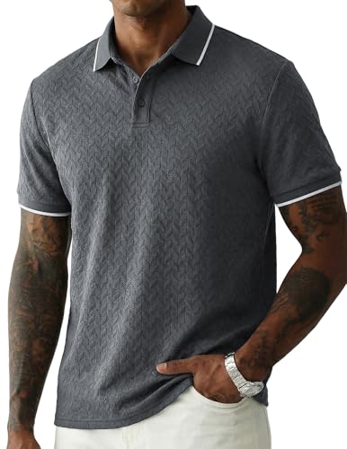 Image of JMIERR Mens Casual Polo Shirt Short Sleeve Vacation Button Summer Beach Knit Stretchy Golf Shirts