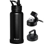 OLDLEY 1L Insulated Stainless Steel Water Bottle with Straw, Leakproof 1000ml Metal Water Bottles with 3 Lids & Handle, Double Wall Vacuum Flask Keep Hot and Cold for Sports, Travel, School (Black)