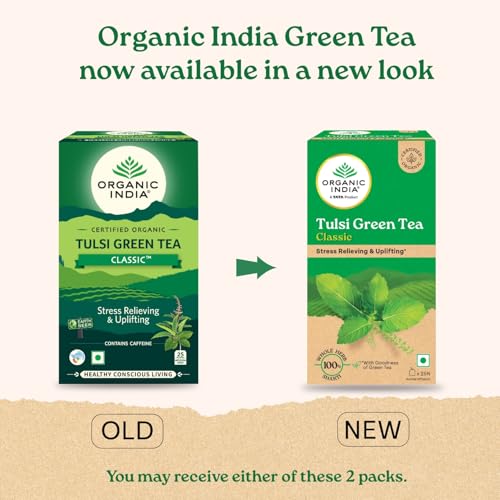 Image of A TATA Product - Organic India Tulsi Green Tea Classic - 25 Tea Bags, Uplifts Mood, Rich in Antioxidants, Blend of Rama, Krishna & Vana Tulsi, Certified Organic