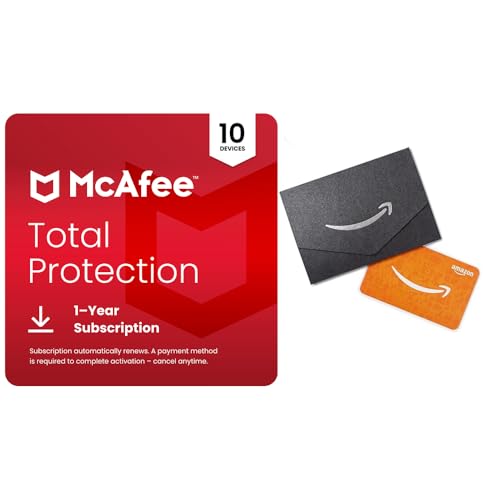 McAfee Total Protection Unlimited Devices + $10 Amazon Gift Card | Security Software | Antivirus, Scam Protection, Secure VPN, Identity Monitoring | 1-Year Subscription with Auto-Renewal | Download