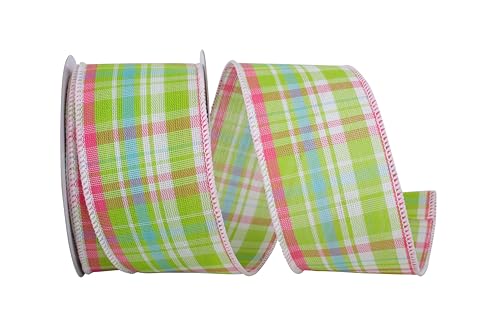Reliant Ribbon 93835W-720-40F Bright Plaid Linen Wired Edge Ribbon, 2-1/2 Inch X 10 Yards, Watermelon