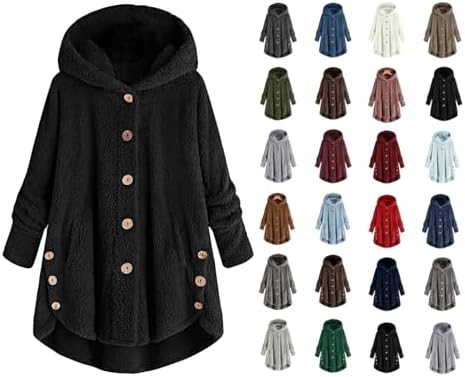 Fleece Jacket for Women Button Down Plus Size Hoodie Fuzzy Overcoat Winter Warm Sherpa Cardigan Coat with Pockets