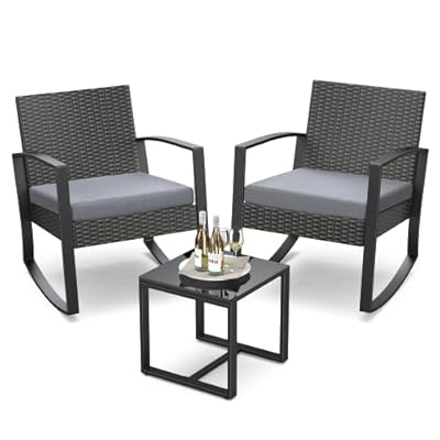 Qsun 3 Pieces Patio Furniture Set Rocking Bistro Set Outdoor Rattan Conversation with Coffee Table for Garden Balcony Backyard Poolside (Grey Cushion)