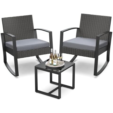 Qsun 3 Pieces Patio Furniture Set Rocking Bistro Set Outdoor Rattan Conversation with Coffee Table for Garden Balcony Backyard Poolside (Grey Cushion) Cover