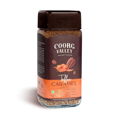 Image of Coorg Valley Toffee Caramel Instant Coffee 50g | Flavoured Coffee | Premium Blend of Robusta & Arabica | Freeze Dried | Make Cafe Style Hot & Cold Coffee at Home
