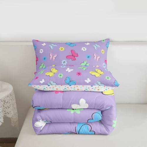 Image of Erosebridal Kids Cute Butterflies Comforter for Kids Boys Girls,Colorful Cartoon Floral Toddler Bedding Set,Kawaii Garden Wildlife Duvet Insert,Cottagecore Quilt Bedroom Decor