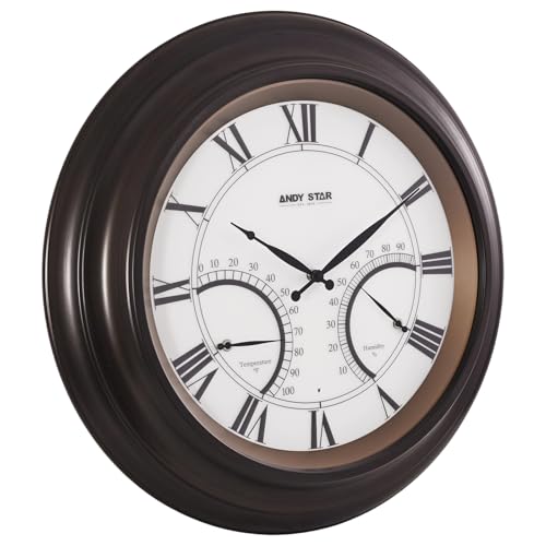 ANDY STAR 24 Inch Outdoor Clocks Waterproof,Large Outdoor Wall Clocks for Patio with Thermometer, Weatherproof Illuminated Clock Battery Operated with Thermometer&Hygrometer,Oil Rubbed Bronze Black