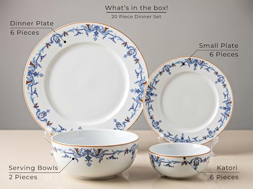 Image of Bodhi House Premium Porcelain Dinner Set 20 Pieces Serving for 6 | Royal Crest Design | Microwave & Dishwasher Safe | Crockery Set | Dinnerware Set for Home, Dining, Kitchen & Gifting
