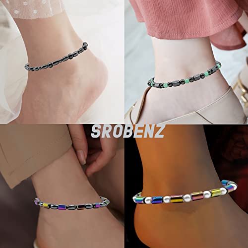 Srobenz 12 Pcs Therapy Hematite Anklet Bracelet Energy Healing Anklet Set For Women Men Lymphatic Drainage Anti-Anxiety Magnetic Obsidian Beach Anklets Bracelet #TOP2