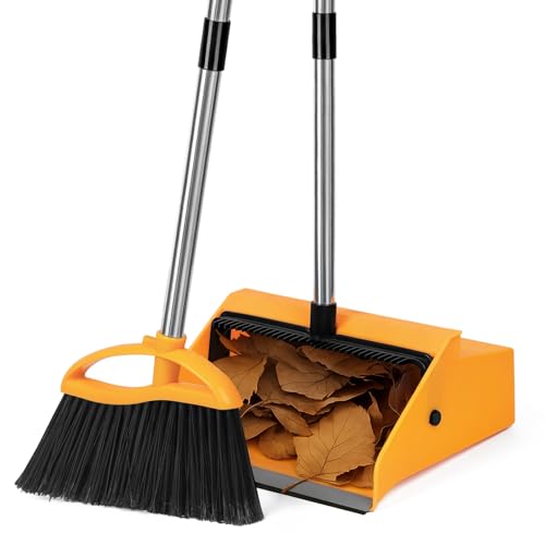 REEWII Commercial Broom and Dustpan Set，Long Handle Upright Heavy Duty Dust Pan Outdoor Indoor for Courtyards, Garages, Lobbies, Shopping Malls, Market Floors, Sidewalks, Classroom Floor Cleaning