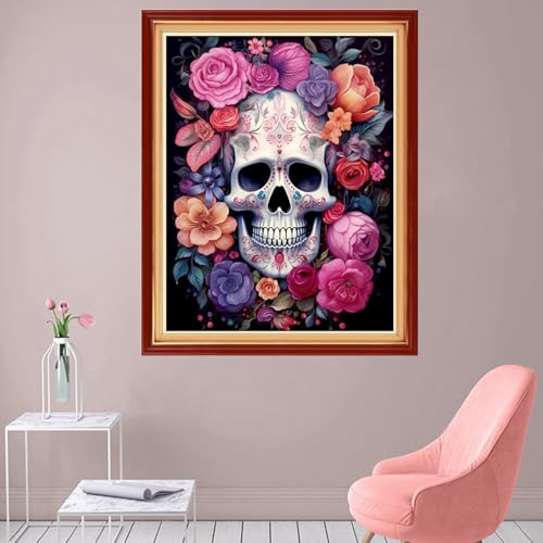 Image of Foxhool Stamped Cross Stitch Kits,11CT Printed Cross Stitch Pattern Full Embroidery Kits for Beginner Needlepoint Kits-Flower Skeleton 16x20 inch