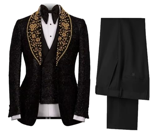 Men's Black 3-Piece Tuxedo Suit with Gold Rhinestone Shawl Lapel, Single Breasted, One Button