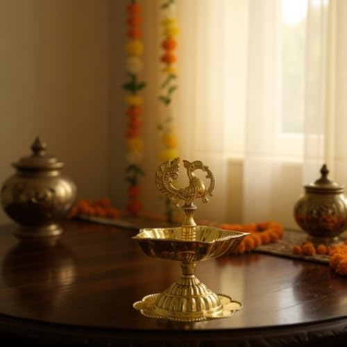 Image of Handcrafted Double Brass Diya with Peacock Design | Traditional Brass Oil Lamp for Puja, Temple & Home Decoration | Antique Finish Deepak for Festivals (Single Diya)